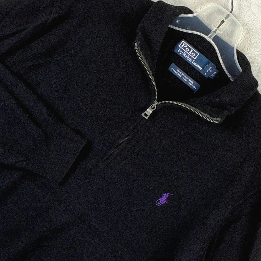 VTG Polo Ralph Lauren Sweater Men XL Black Purple Pony 1/4 Zip Pullover Wool